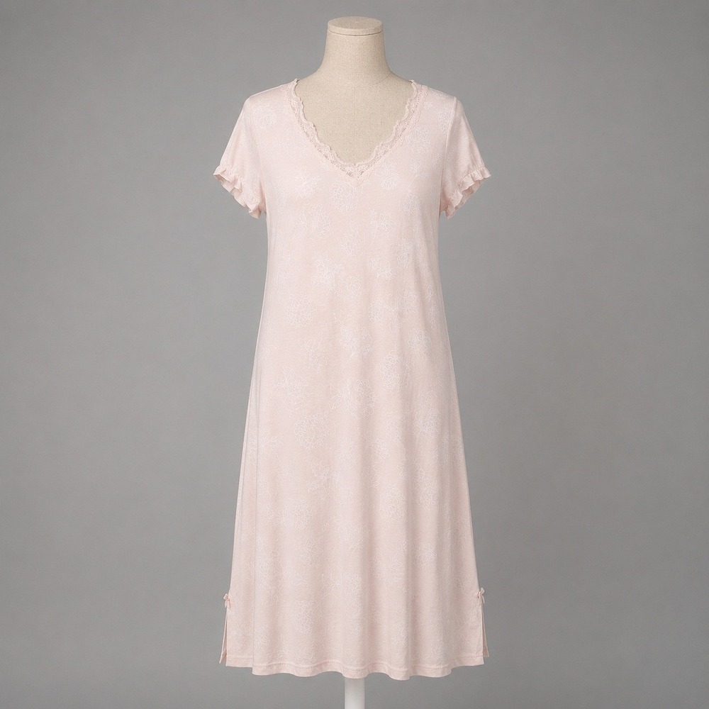 Floral 100% Cotton V Neck Ruffle Sleeve Nightgown Sz S Pink House Dress Comfort